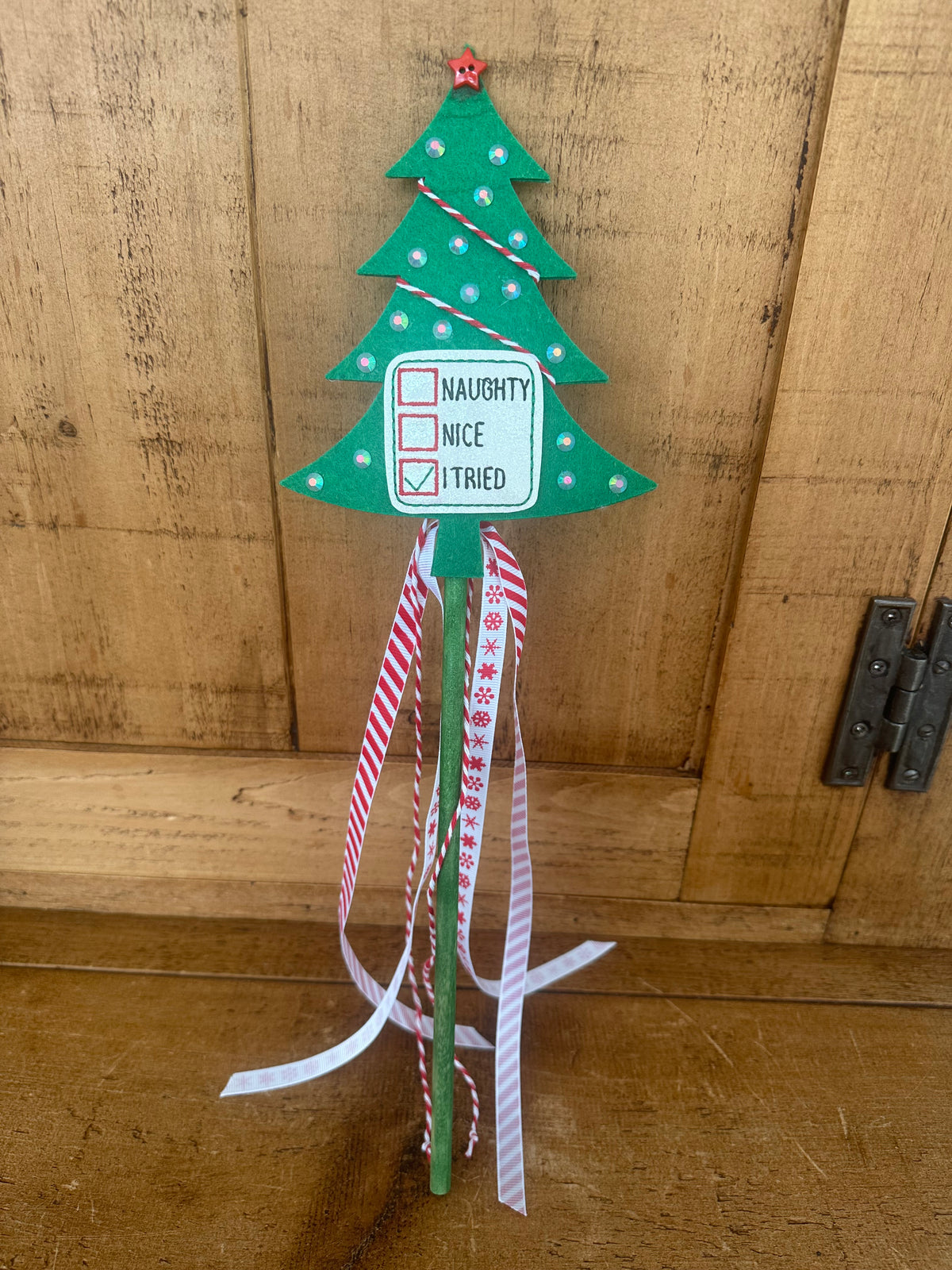 Handmade Naughty Nice I Tried Christmas tree wand with ribbon streamers