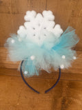 Handmade snowflake crown headband with blue tulle and white pom poms