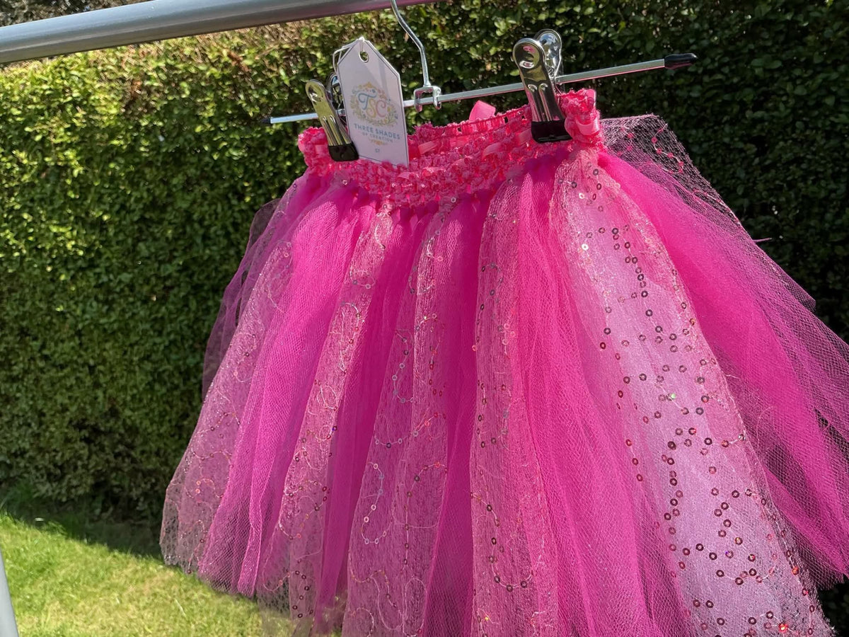 Hot pink sparkly tutu skirt with sequin tulle layers and crochet waistband