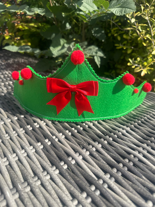 Green felt Christmas crown with red pompoms and satin bow
