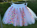 White confetti dot tutu skirt with multicoloured polka dots and crochet waistband