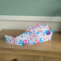Full view of fairy-print fabric crown with rainbows, flowers and butterflies