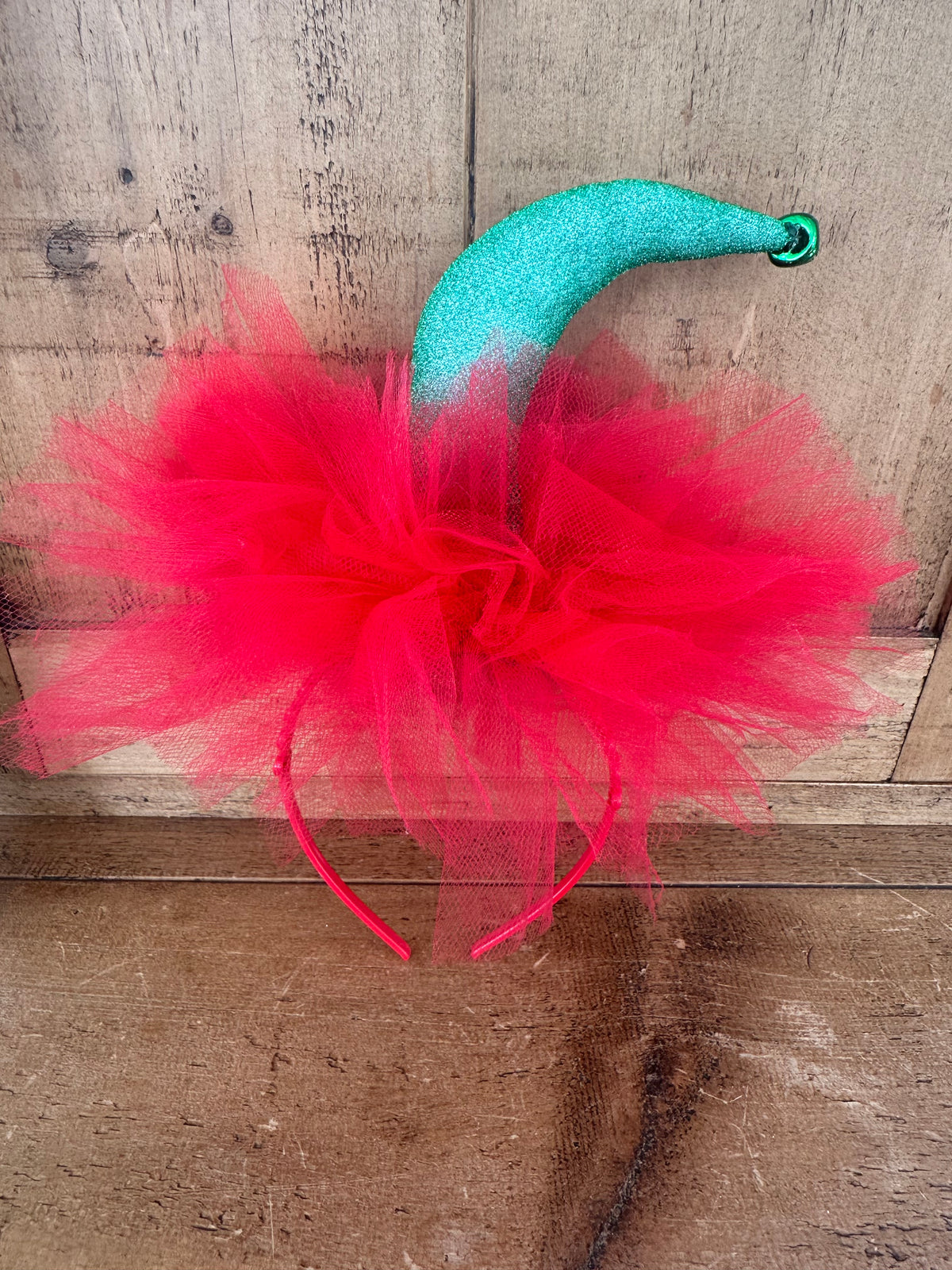 Christmas Elf Crown Headband with red tulle and glittery green elf hat