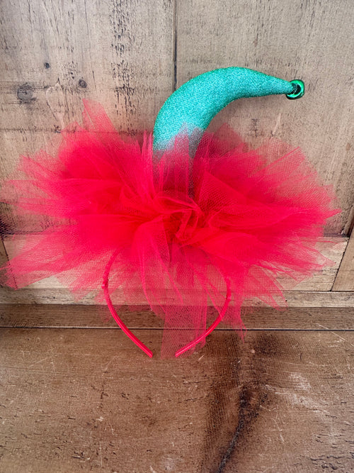 Christmas Elf Crown Headband with red tulle and glittery green elf hat