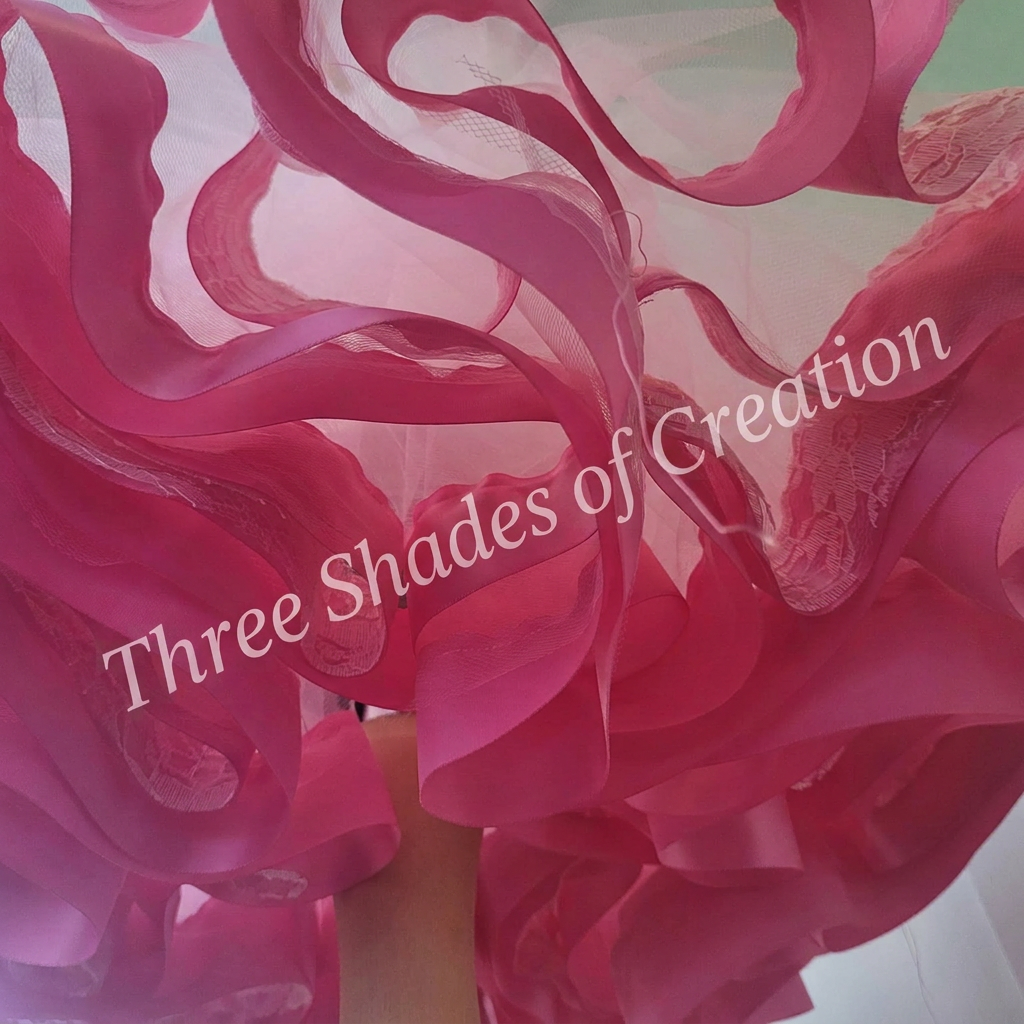 Detail of curled pink satin ribbon and lace tutu trim