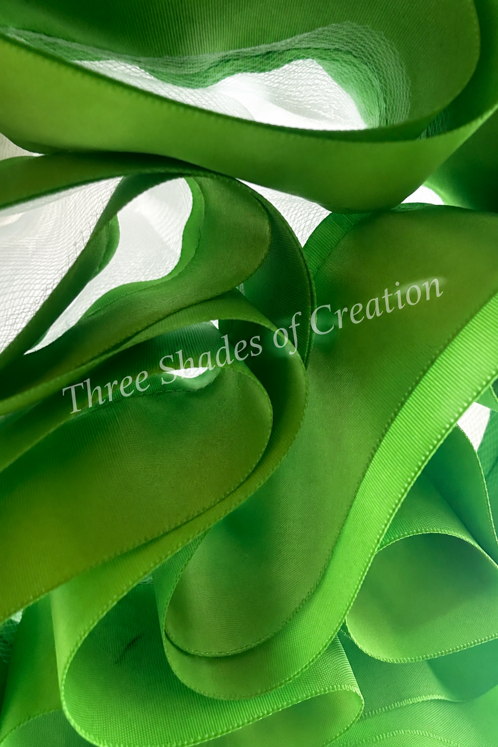 Green satin ribbon close-up with translucent Three Shades of Creation watermark