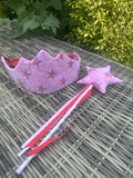 Lilac star-print crown and matching star wand displayed together