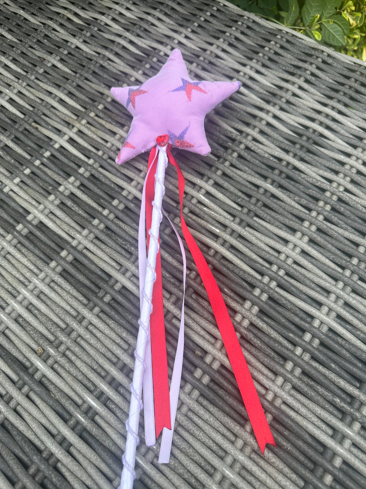 Lilac star fairy wand with red and lilac ribbons