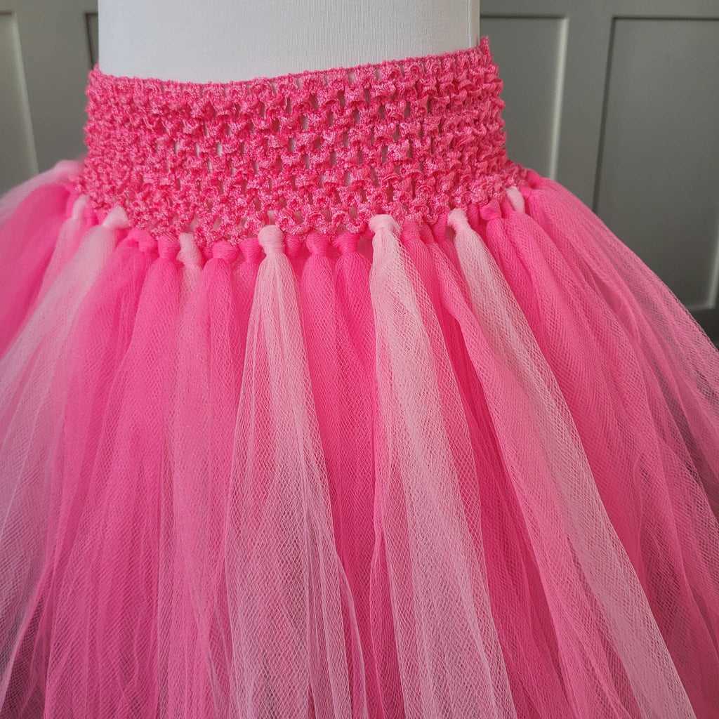 Close-up of pink crochet waistband and two-tone pink tulle layers