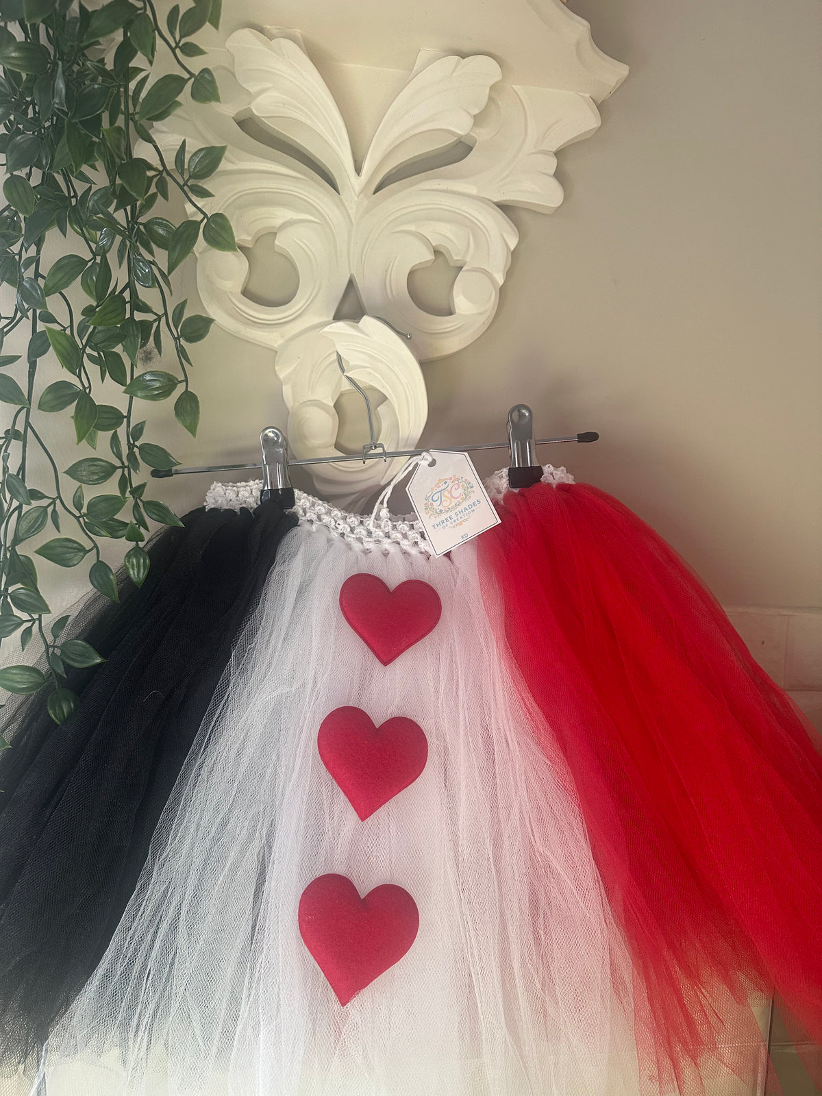 Queen of Hearts tutu skirt in black, white and red tulle with red felt hearts