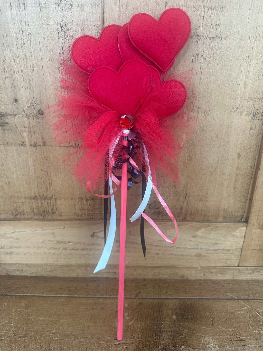 Red heart Queen of Hearts wand with tulle and ribbon streamers