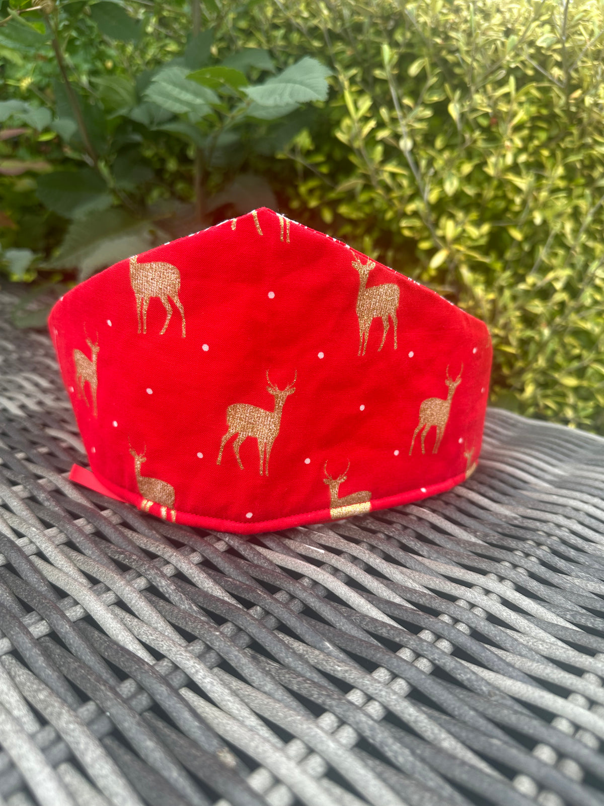 Red Christmas crown with gold reindeer print