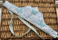 Handmade pale blue leaf print fabric crown with 3D embroidered butterfly appliqués, daisy gem accents and silver rhinestone trim