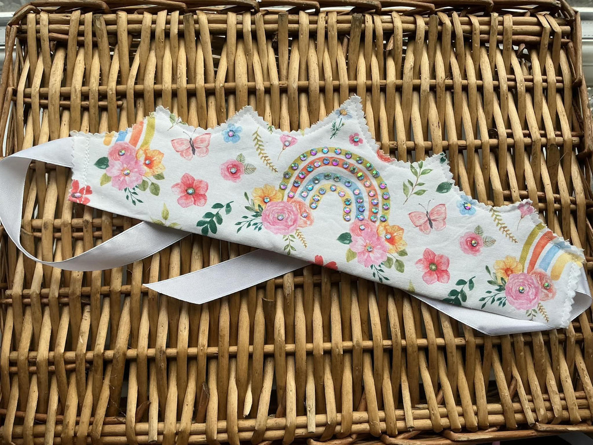 Handmade white watercolour floral fabric crown with hand-placed multicolour AB rhinestone rainbow centrepiece and gem flower accents