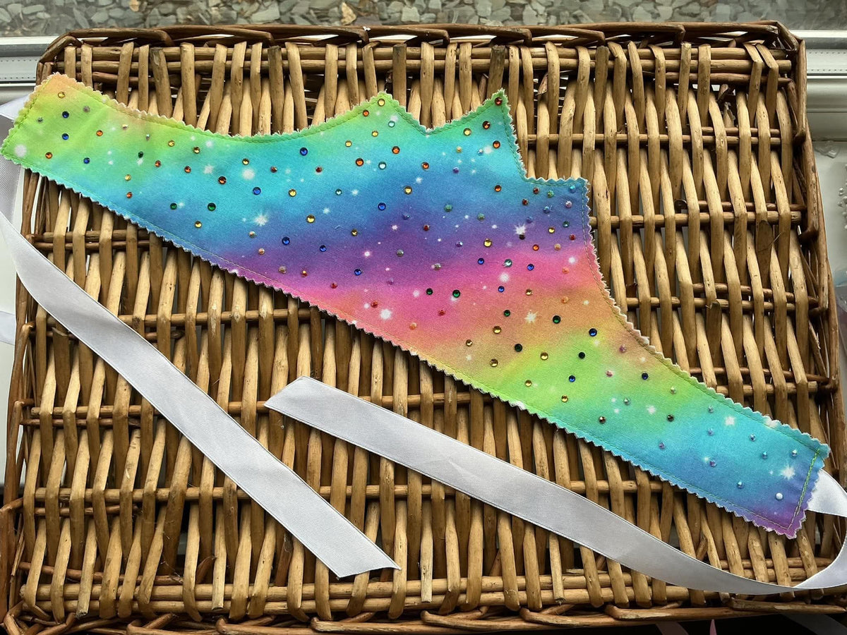 Handmade rainbow galaxy ombre fabric crown with multicolour rhinestones and white satin ribbon ties