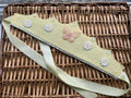 Handmade lemon felt crown with white daisy appliqués, pink embroidered butterfly, crystal gems and silver rhinestone trim
