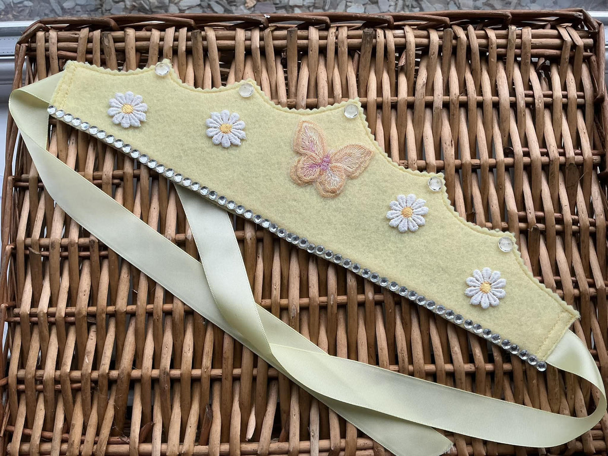 Handmade lemon felt crown with white daisy appliqués, pink embroidered butterfly, crystal gems and silver rhinestone trim
