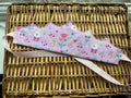 Handmade lilac floral fabric crown with multicolour rhinestone gem embellishments and cream satin ribbon ties