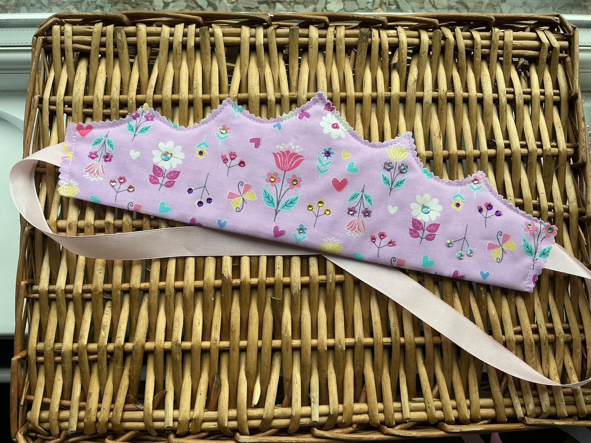 Handmade lilac floral fabric crown with multicolour rhinestone gem embellishments and cream satin ribbon ties
